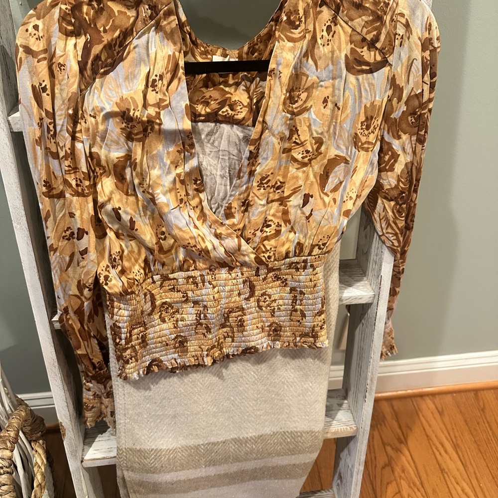Anthropologie Brown and Cream Floral Top